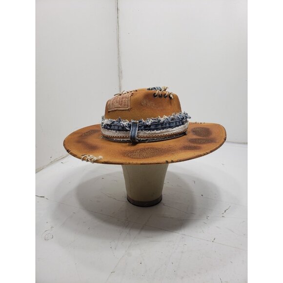 Distressed Western Cowgirl Hat W/ Denim Trim & Custom Stitching Boho Look main image 5